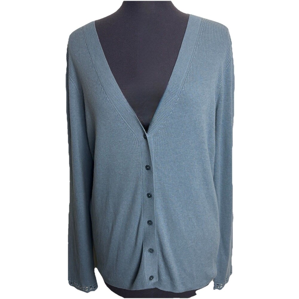 Talbots Wool Blend Ribbed Cardigan Sweater Women XL Blue Crochet Cuff Classic